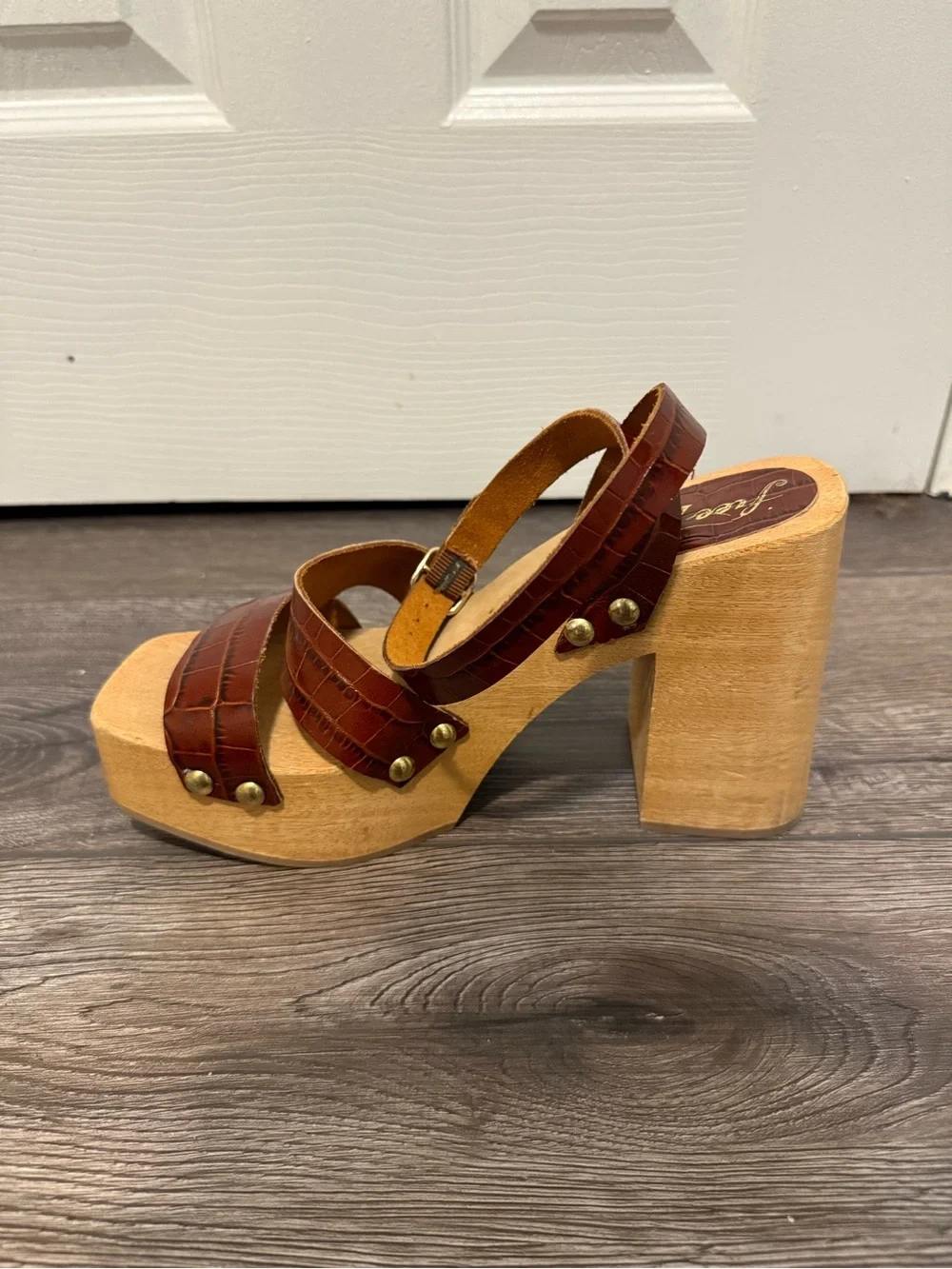 Free People Brown Leather Wood Platform Sandals Size 39